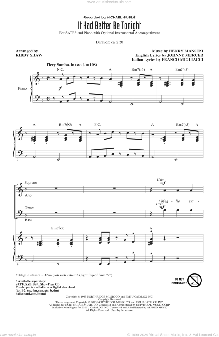 It Had Better Be Tonight sheet music for choir (SATB: soprano, alto, tenor, bass) by Kirby Shaw and Michael Buble, intermediate skill level