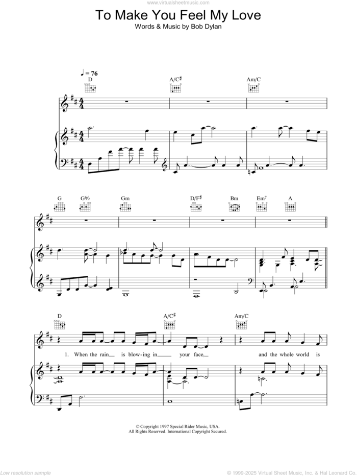 To Make You Feel My Love sheet music for voice, piano or guitar by Garth Brooks and Bob Dylan, intermediate skill level