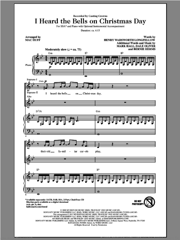 I Heard The Bells On Christmas Day sheet music for choir (SSA: soprano, alto) by Mac Huff and Casting Crowns, intermediate skill level