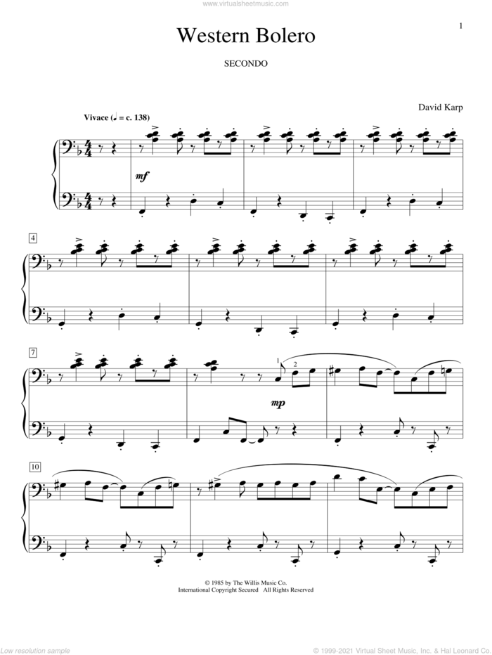 Western Bolero sheet music for piano four hands by David Karp, intermediate skill level