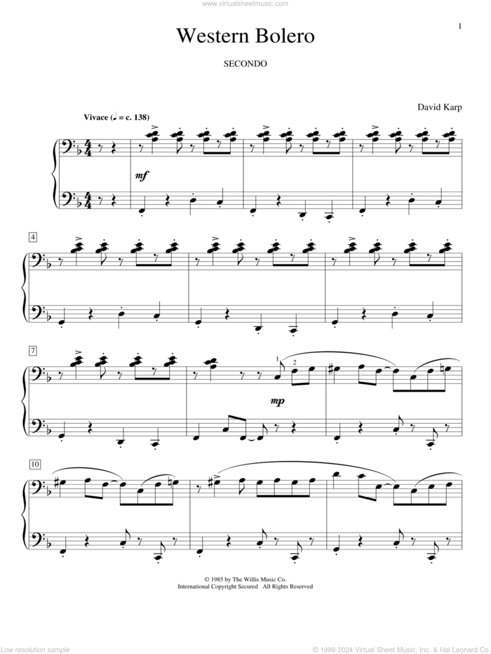 Western Bolero sheet music for piano four hands by David Karp, intermediate skill level