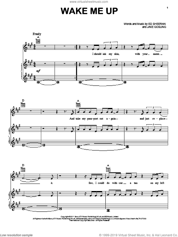 Wake Me Up sheet music for voice, piano or guitar by Ed Sheeran, intermediate skill level