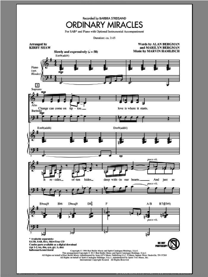 Ordinary Miracles sheet music for choir (SAB: soprano, alto, bass) by Kirby Shaw and Marvin Hamlisch, intermediate skill level
