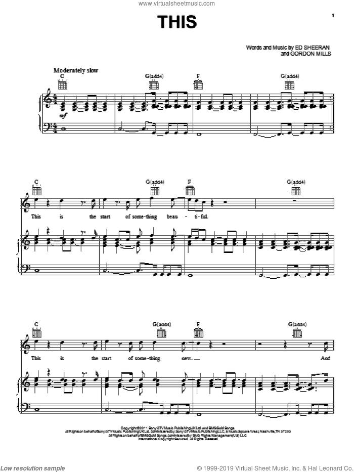This sheet music for voice, piano or guitar by Ed Sheeran, intermediate skill level