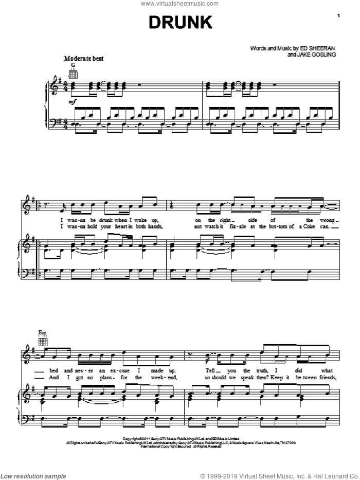 Drunk sheet music for voice, piano or guitar by Ed Sheeran, intermediate skill level