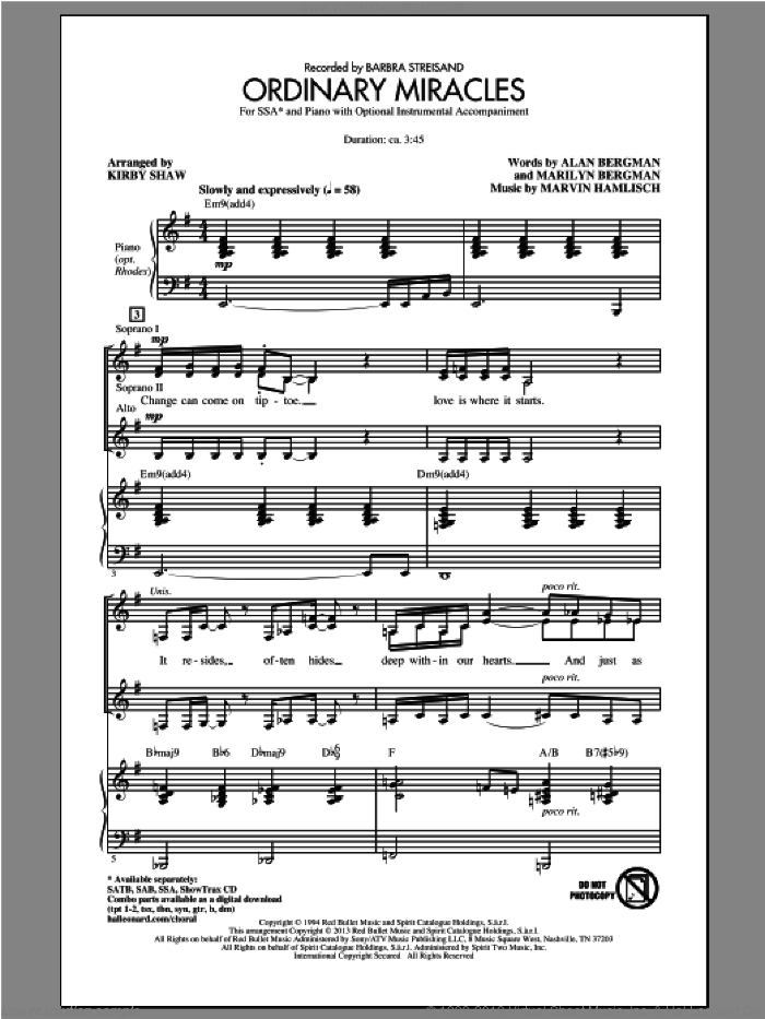Ordinary Miracles sheet music for choir (SSA: soprano, alto) by Kirby Shaw and Marvin Hamlisch, intermediate skill level