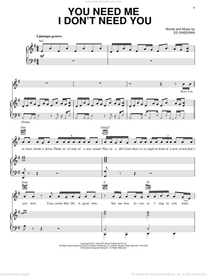 You Need Me, I Don't Need You sheet music for voice, piano or guitar by Ed Sheeran, intermediate skill level