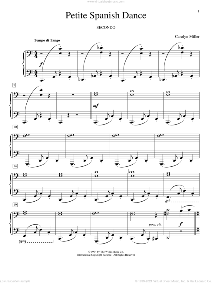 Petite Spanish Dance sheet music for piano four hands by Carolyn Miller, classical score, intermediate skill level