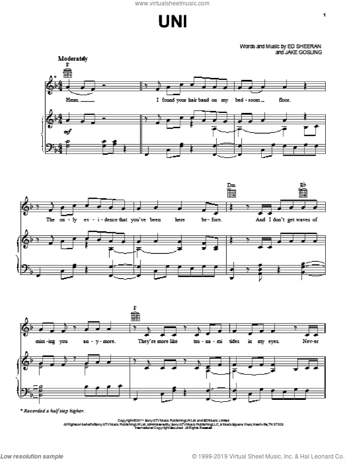 UNI sheet music for voice, piano or guitar by Ed Sheeran, intermediate skill level