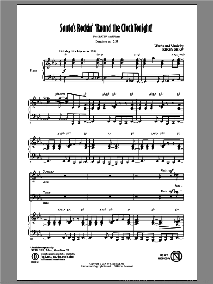 Santa's Rockin' 'Round The Clock Tonight! sheet music for choir (SATB: soprano, alto, tenor, bass) by Kirby Shaw, intermediate skill level