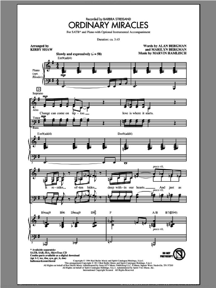Ordinary Miracles sheet music for choir (SATB: soprano, alto, tenor, bass) by Kirby Shaw and Marvin Hamlisch, intermediate skill level