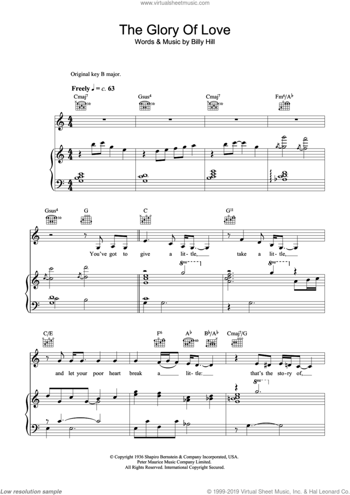 The Glory Of Love sheet music for voice, piano or guitar by Bette Midler and Billy Hill, intermediate skill level