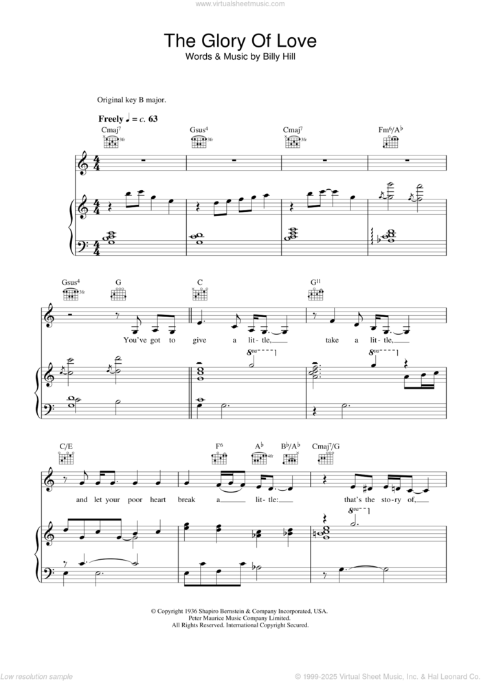 The Glory Of Love sheet music for voice, piano or guitar by Bette Midler and Billy Hill, intermediate skill level