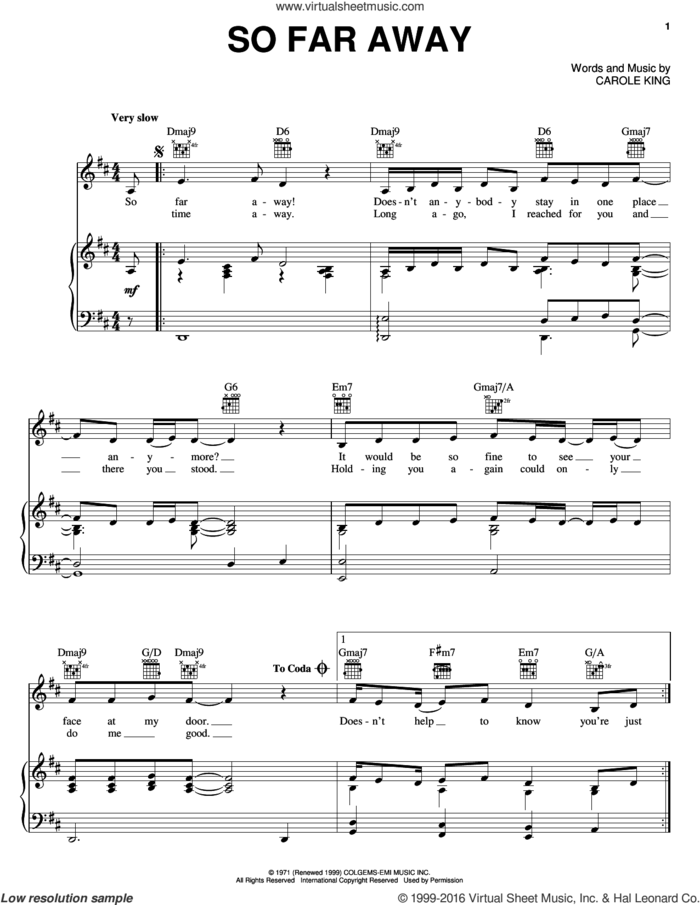 So Far Away sheet music for voice, piano or guitar by Carole King and Rod Stewart, intermediate skill level