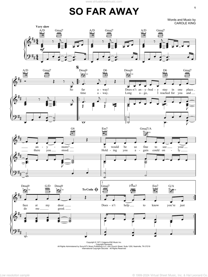 So Far Away sheet music for voice, piano or guitar by Carole King and Rod Stewart, intermediate skill level