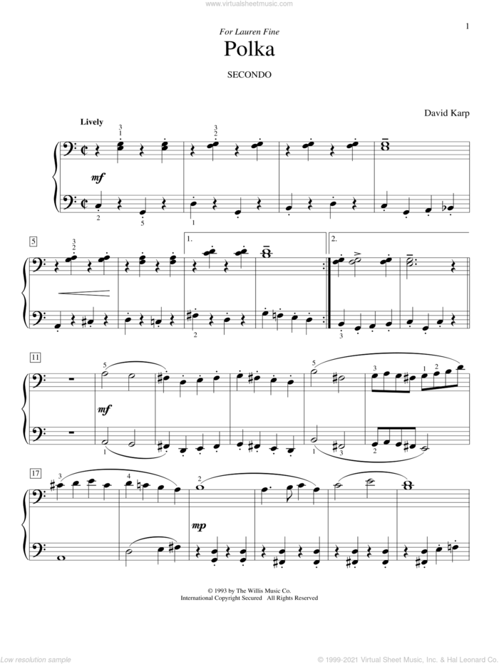 Polka sheet music for piano four hands by David Karp, intermediate skill level