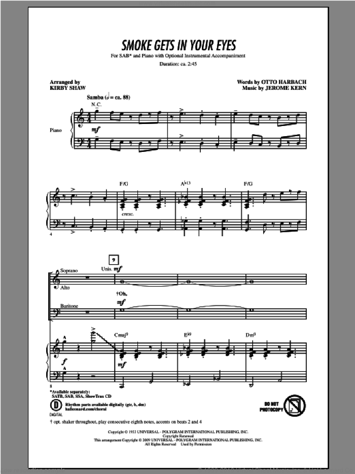 Smoke Gets In Your Eyes (arr. Kirby Shaw) sheet music for choir (SAB: soprano, alto, bass) by Kirby Shaw, Jerome Kern and Otto Harbach, intermediate skill level