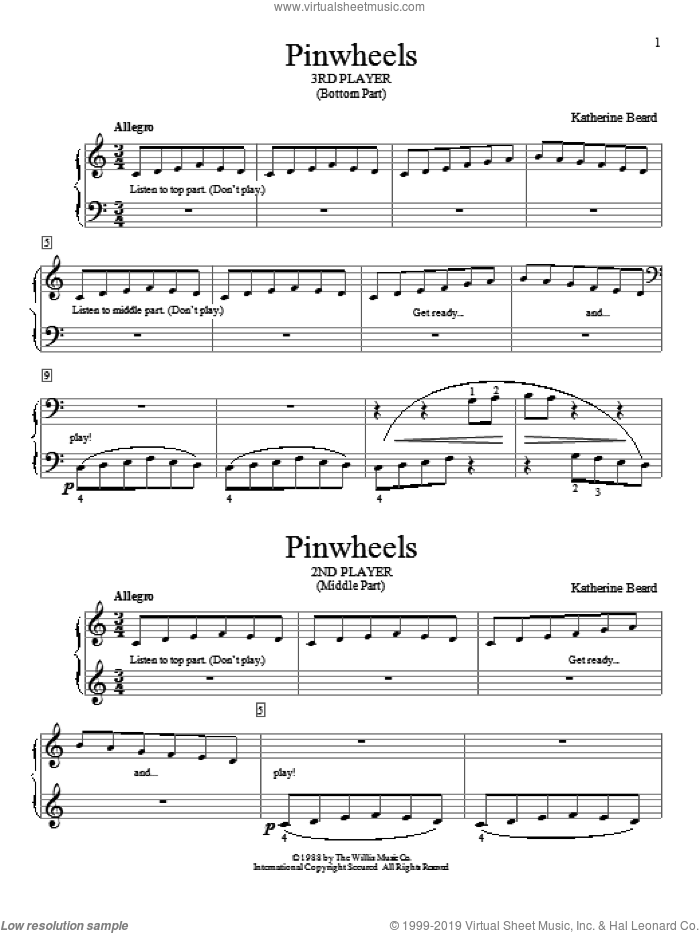 Pinwheels sheet music for piano four hands by Katherine Beard, classical score, intermediate skill level
