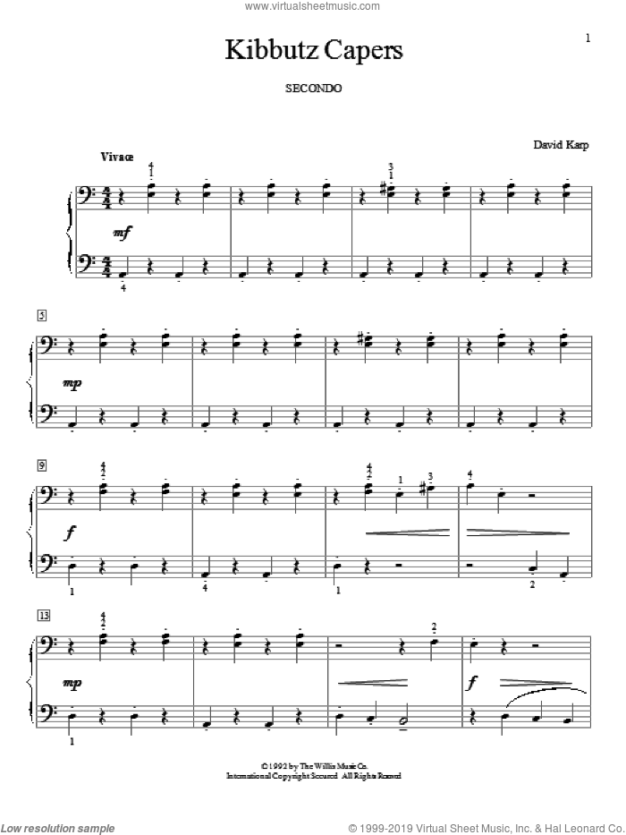 Kibbutz Capers sheet music for piano four hands by David Karp, classical score, intermediate skill level