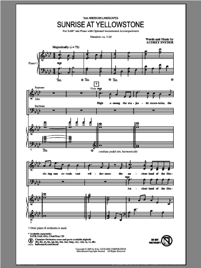 Sunrise At Yellowstone (from American Landscapes) sheet music for choir (SAB: soprano, alto, bass) by Audrey Snyder, intermediate skill level