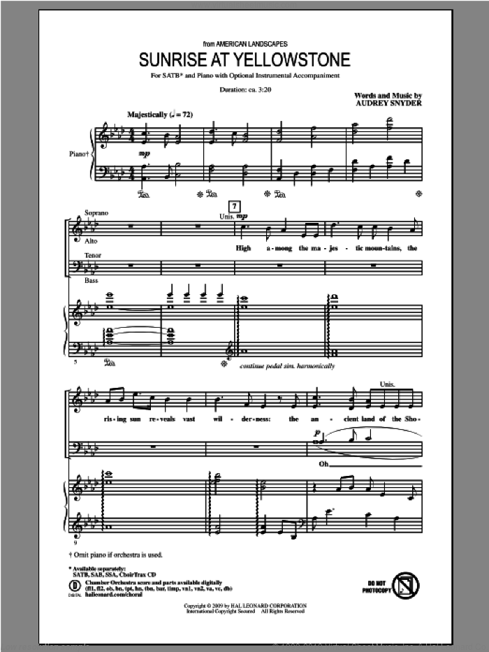 Sunrise At Yellowstone (from American Landscapes) sheet music for choir (SATB: soprano, alto, tenor, bass) by Audrey Snyder, intermediate skill level