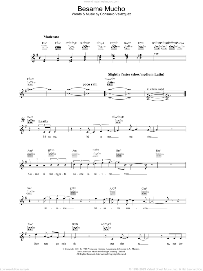 Besame Mucho sheet music for voice and other instruments (fake book) by Diana Krall and Consuelo Velazquez, intermediate skill level