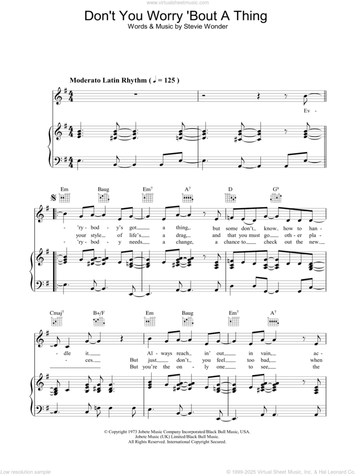 Don't You Worry 'Bout A Thing sheet music for voice, piano or guitar by Stevie Wonder, intermediate skill level