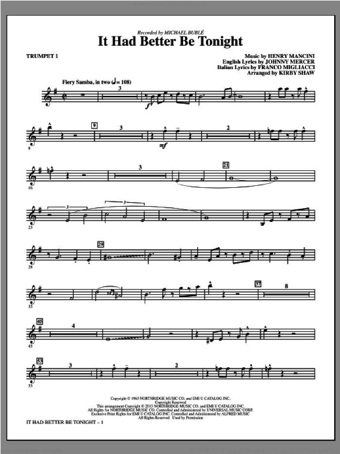 It Had Better Be Tonight (complete set of parts) sheet music for orchestra/band by Henry Mancini, Kirby Shaw and Michael Buble, intermediate skill level