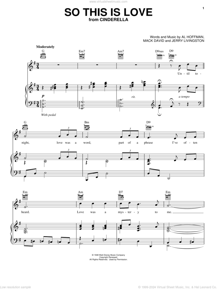 So This Is Love (from Cinderella) sheet music for voice, piano or guitar by Mack David, Al Hoffman, Jerry Livingston and Mack David, Al Hoffman and Jerry Livingston, intermediate skill level