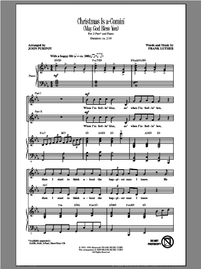 Christmas Is A-Comin' (May God Bless You) sheet music for choir (2-Part) by John Purifoy and Frank Luther, intermediate duet
