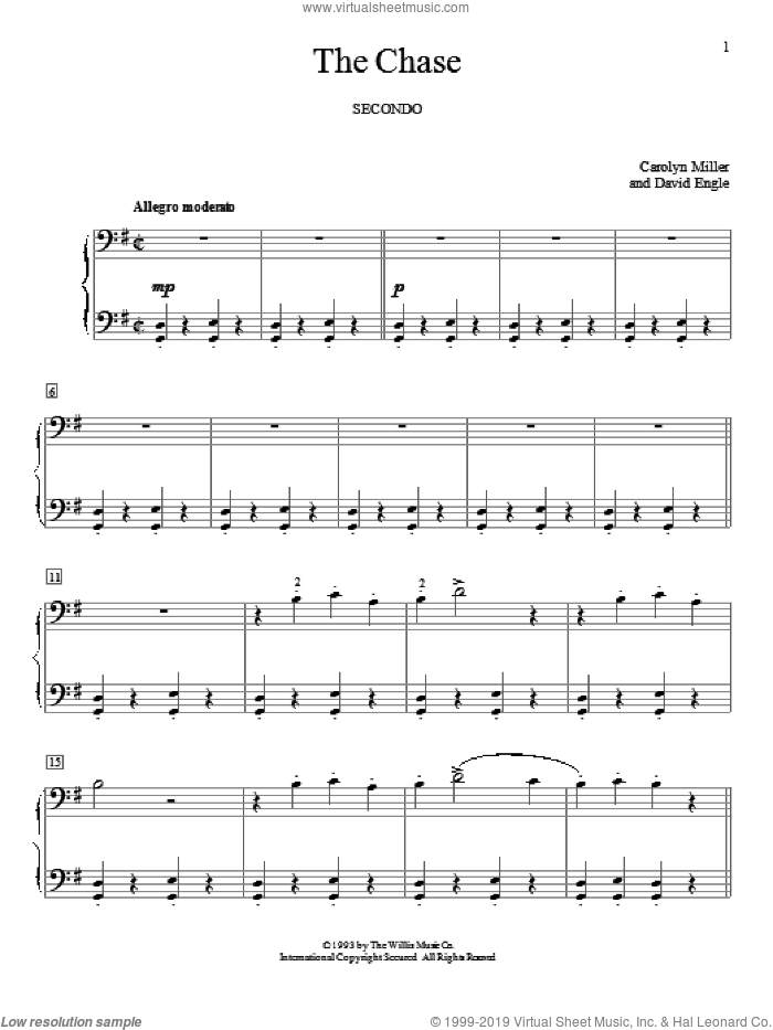The Chase sheet music for piano four hands by Carolyn Miller and David Engle, classical score, intermediate skill level