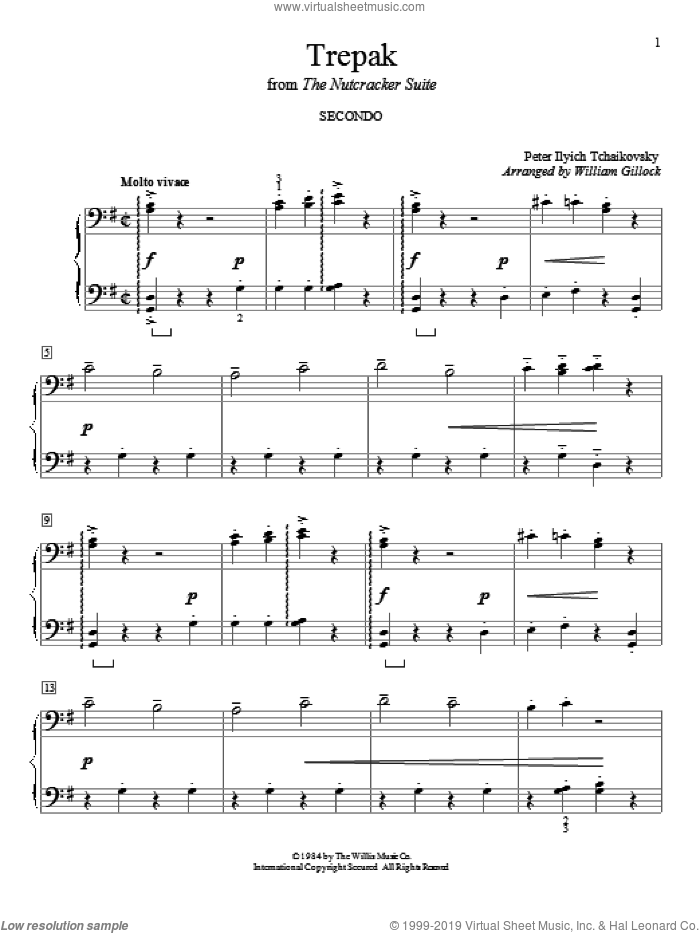 Trepak sheet music for piano four hands by Pyotr Ilyich Tchaikovsky and William Gillock, classical score, intermediate skill level