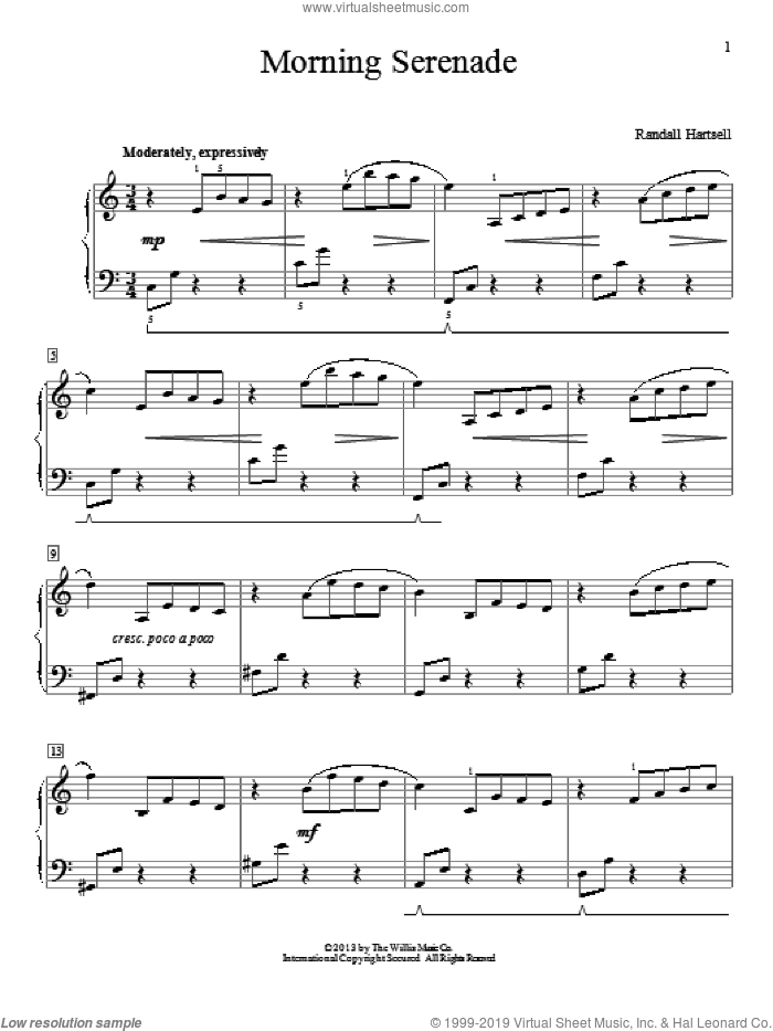 Morning Serenade sheet music for piano solo (elementary) by Randall Hartsell, classical score, beginner piano (elementary)
