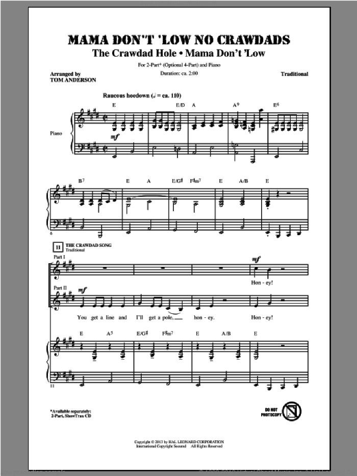 Mama Don't 'Low sheet music for choir (2-Part) by Tom Anderson, intermediate duet