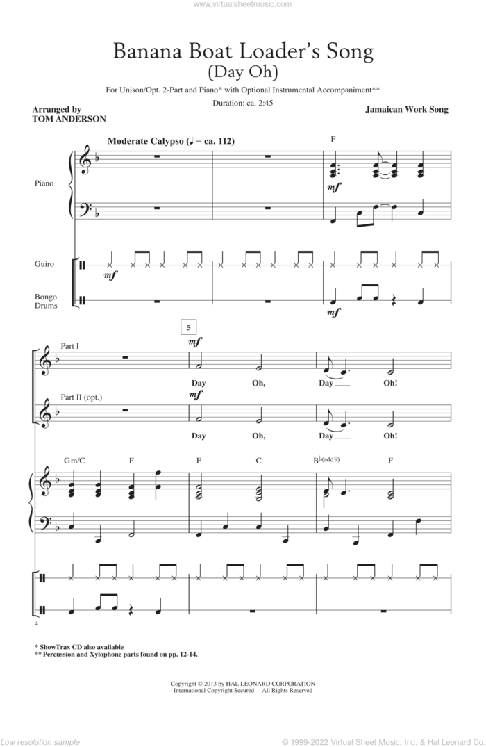 The Banana Boat Song sheet music for choir (2-Part) by Tom Anderson, intermediate duet