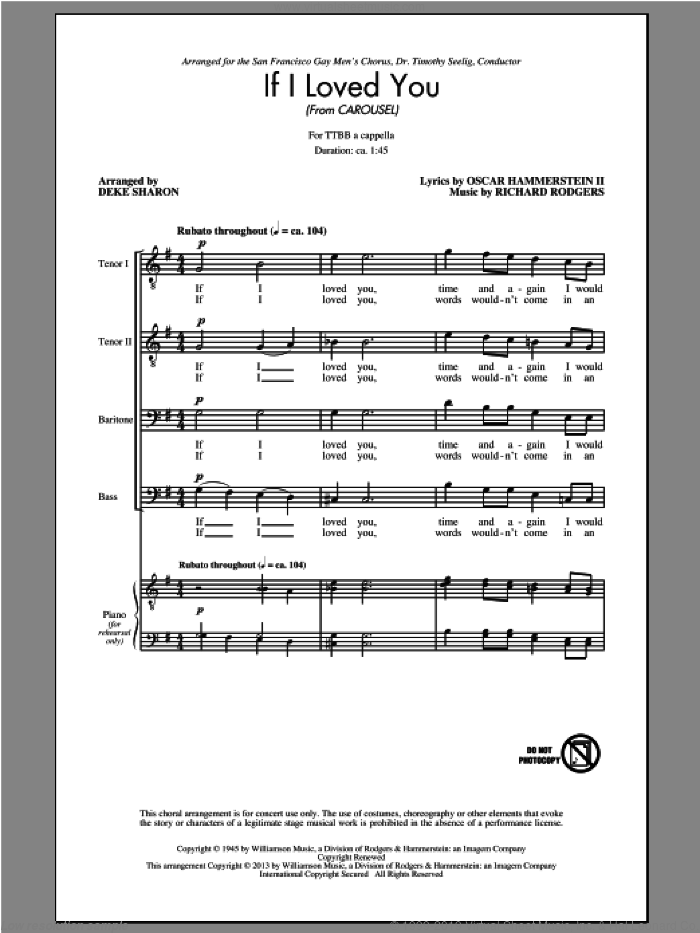 If I Loved You sheet music for choir (TTBB: tenor, bass) by Rodgers & Hammerstein and Deke Sharon, intermediate skill level