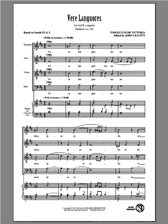 Vere Languores sheet music for choir (SATB: soprano, alto, tenor, bass) by John Leavitt, Tomas Luis De Victoria and Tomas Luis de Victoria, intermediate skill level