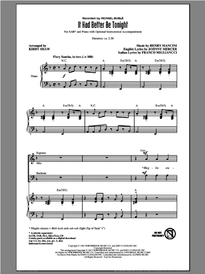 It Had Better Be Tonight sheet music for choir (SAB: soprano, alto, bass) by Henry Mancini, Kirby Shaw and Michael Buble, intermediate skill level