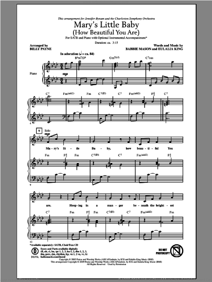 Mary's Little Baby (How Beautiful You Are) sheet music for choir by Babbie Mason and Billy Payne, intermediate skill level