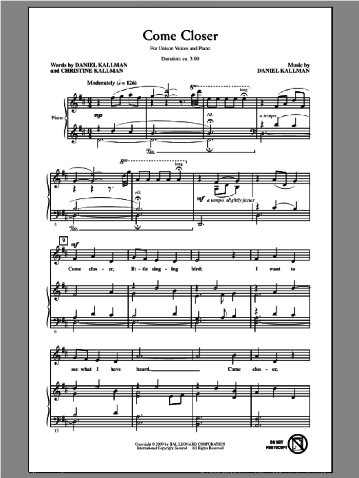 Come Closer sheet music for choir (Unison) by Daniel Kallman and Christine Kallman, intermediate skill level