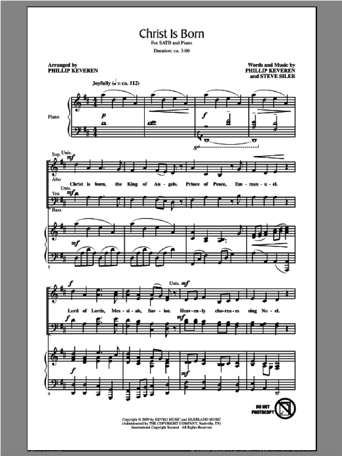 Christ Is Born (arr. Phillip Keveren) sheet music for choir (SATB: soprano, alto, tenor, bass) by Phillip Keveren and Steve Siler, Phillip Keveren and Steve Siler, intermediate skill level