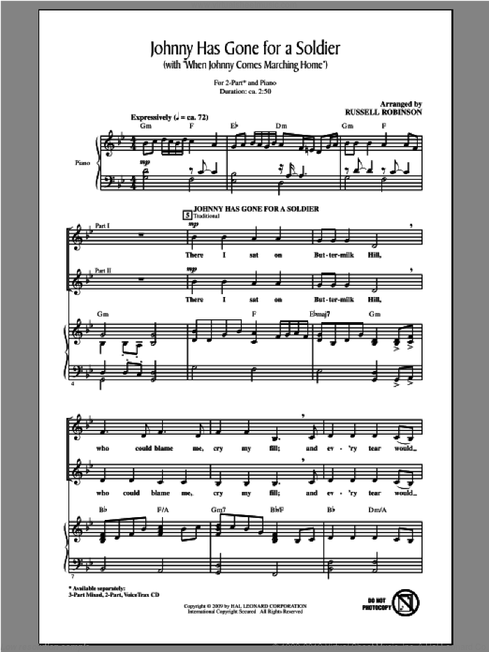 Johnny Has Gone For A Soldier (with When Johnny Comes Marching Home) sheet music for choir (2-Part) by Russell Robinson, intermediate duet