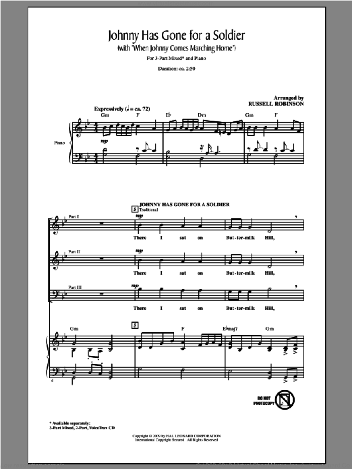 Johnny Has Gone For A Soldier (with When Johnny Comes Marching Home) sheet music for choir (3-Part Mixed) by Russell Robinson, intermediate skill level