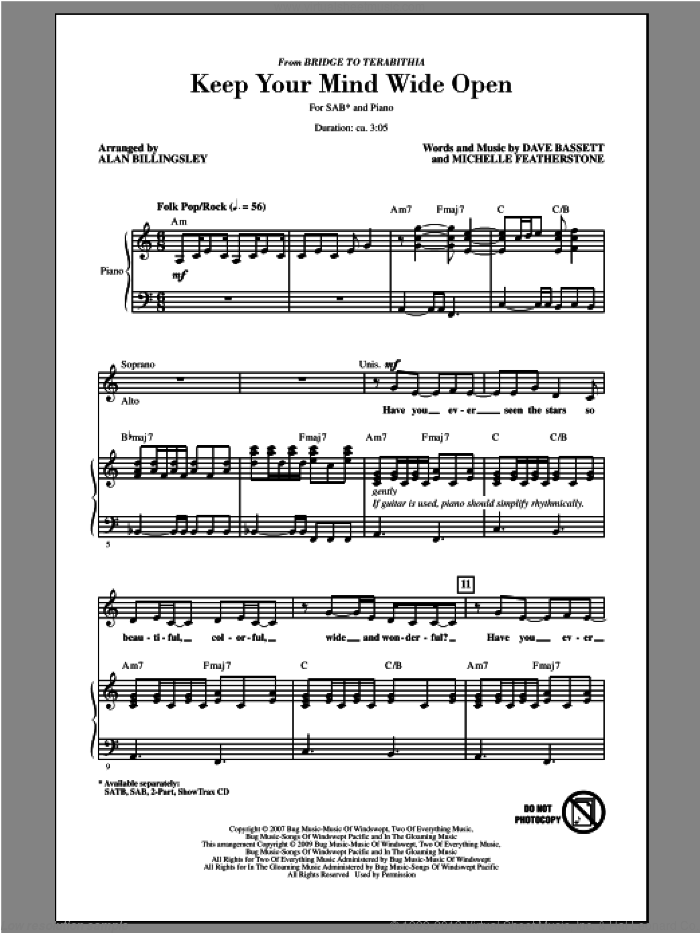 Keep Your Mind Wide Open sheet music for choir (SAB: soprano, alto, bass) by Alan Billingsley, intermediate skill level