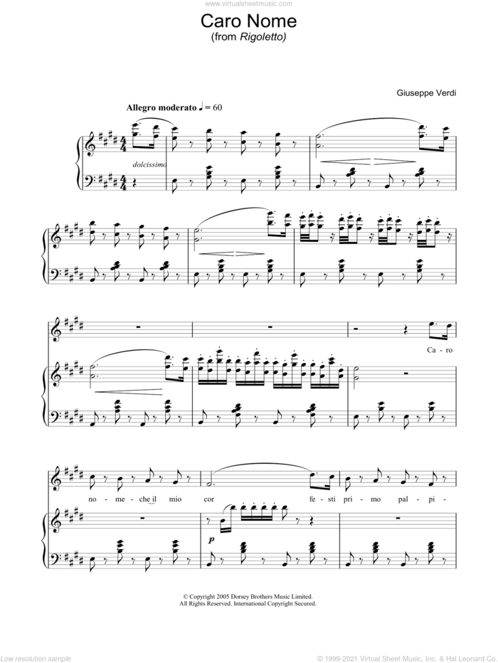 Caro Nome (from Rigoletto) sheet music for voice, piano or guitar by Giuseppe Verdi, classical score, intermediate skill level