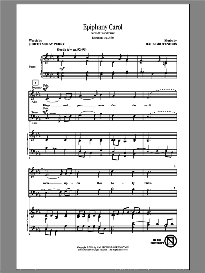 Epiphany Carol sheet music for choir (SATB: soprano, alto, tenor, bass) by Dale Grotenhuis, intermediate skill level