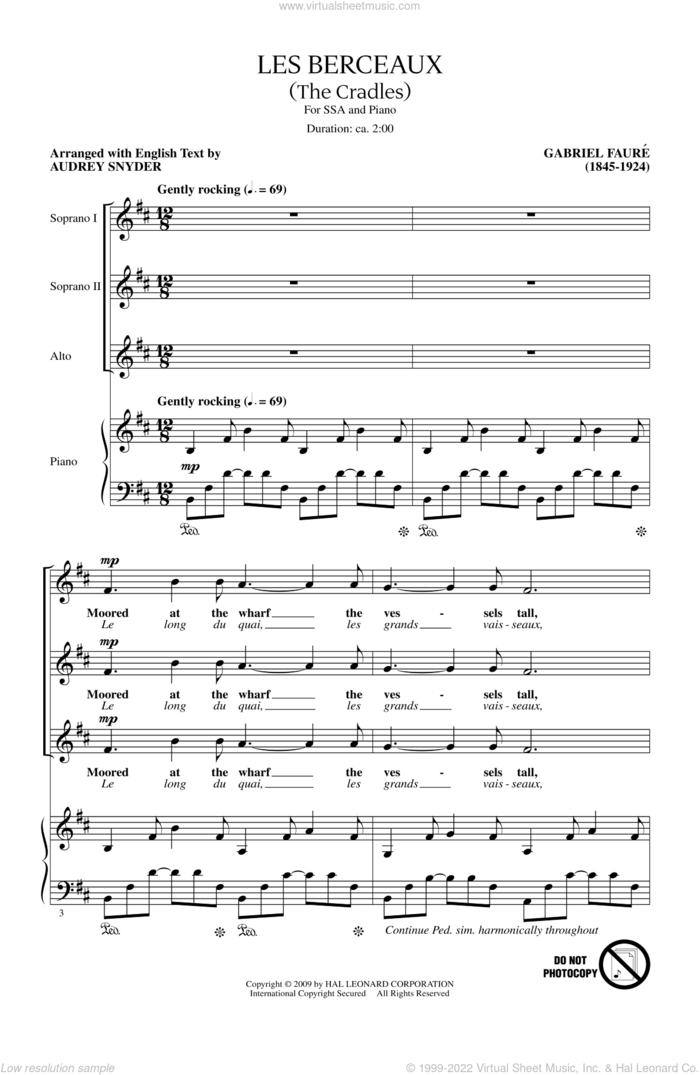 Les Berceaux (The Cradles) sheet music for choir (SSA: soprano, alto) by Gabriel Faure and Audrey Snyder, intermediate skill level