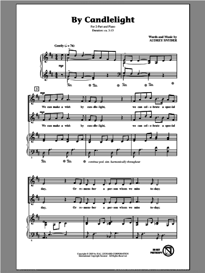 By Candlelight sheet music for choir (2-Part) by Audrey Snyder, intermediate duet