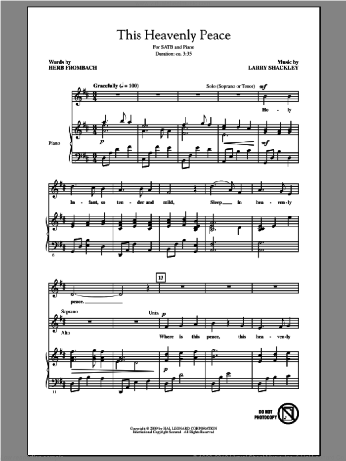 This Heavenly Peace sheet music for choir (SATB: soprano, alto, tenor, bass) by Larry Shackley and Herb Frombach, intermediate skill level