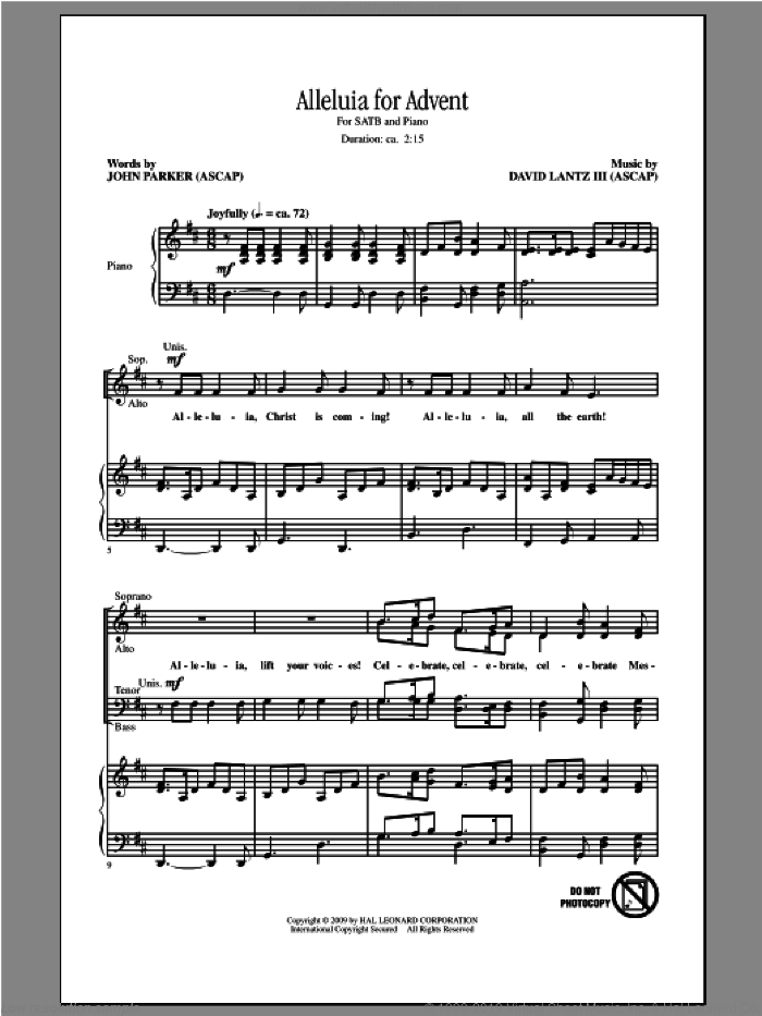 Alleluia For Advent sheet music for choir (SATB: soprano, alto, tenor, bass) by John Parker/David Lantz III, Dan Davison, David Lanz and John Parker, intermediate skill level